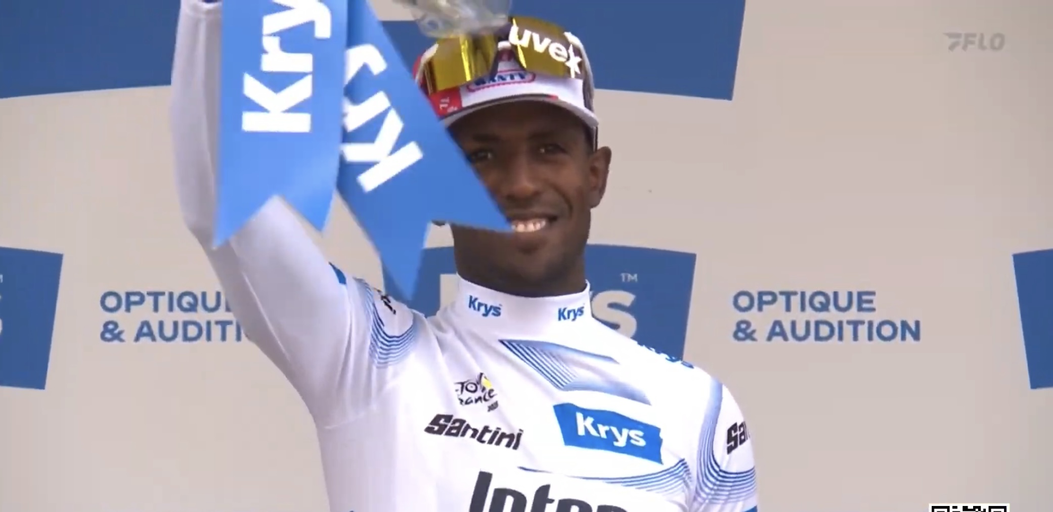 Biniam Girmay in the white jersey after Stage 1 of the 2025 Tour de France